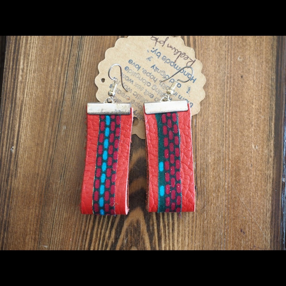 Handmade Dangle Earrings - Red W/ Colorful Ribbon